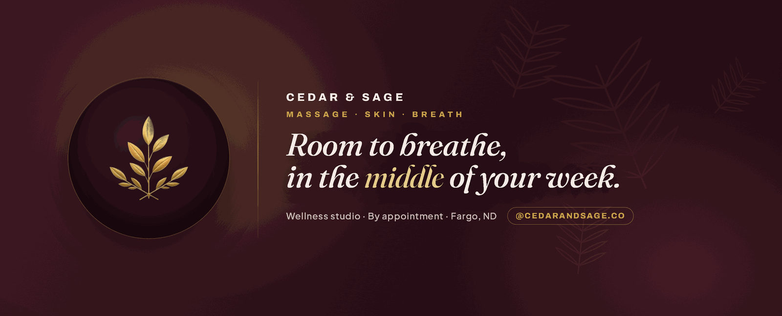 Cedar and Sage concept brand cover: a gilded sprig emblem and an italic-serif headline on deep oxblood.
