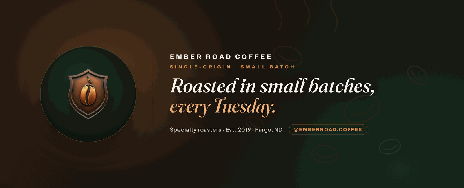 Ember Road Coffee concept brand cover: a copper bean-in-shield mark with a high-contrast italic-serif tagline on roast brown and forest green.