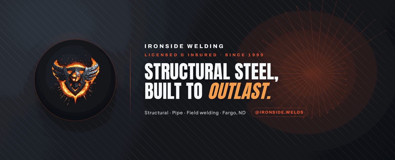 Ironside Welding concept brand cover: a flame-winged shield mark and a condensed Built to outlast headline on charcoal with orange accents.