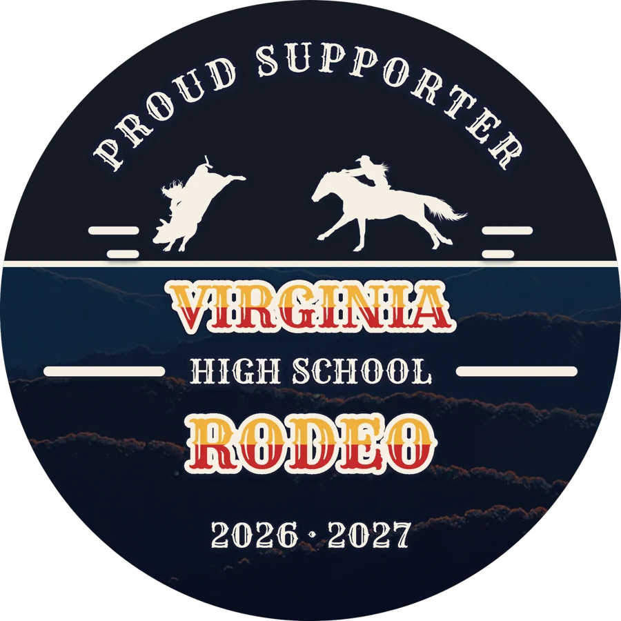 Virginia High School Rodeo Proud Supporter decal: rodeo silhouettes over a dusk mountain range in two-tone western slab lettering.