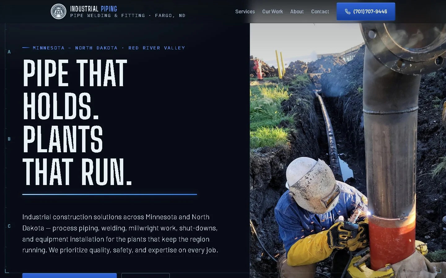Industrial Piping 701 home page: a condensed all-caps headline beside a full-height photo of a welder in a trench, framed by blueprint-style row markers.