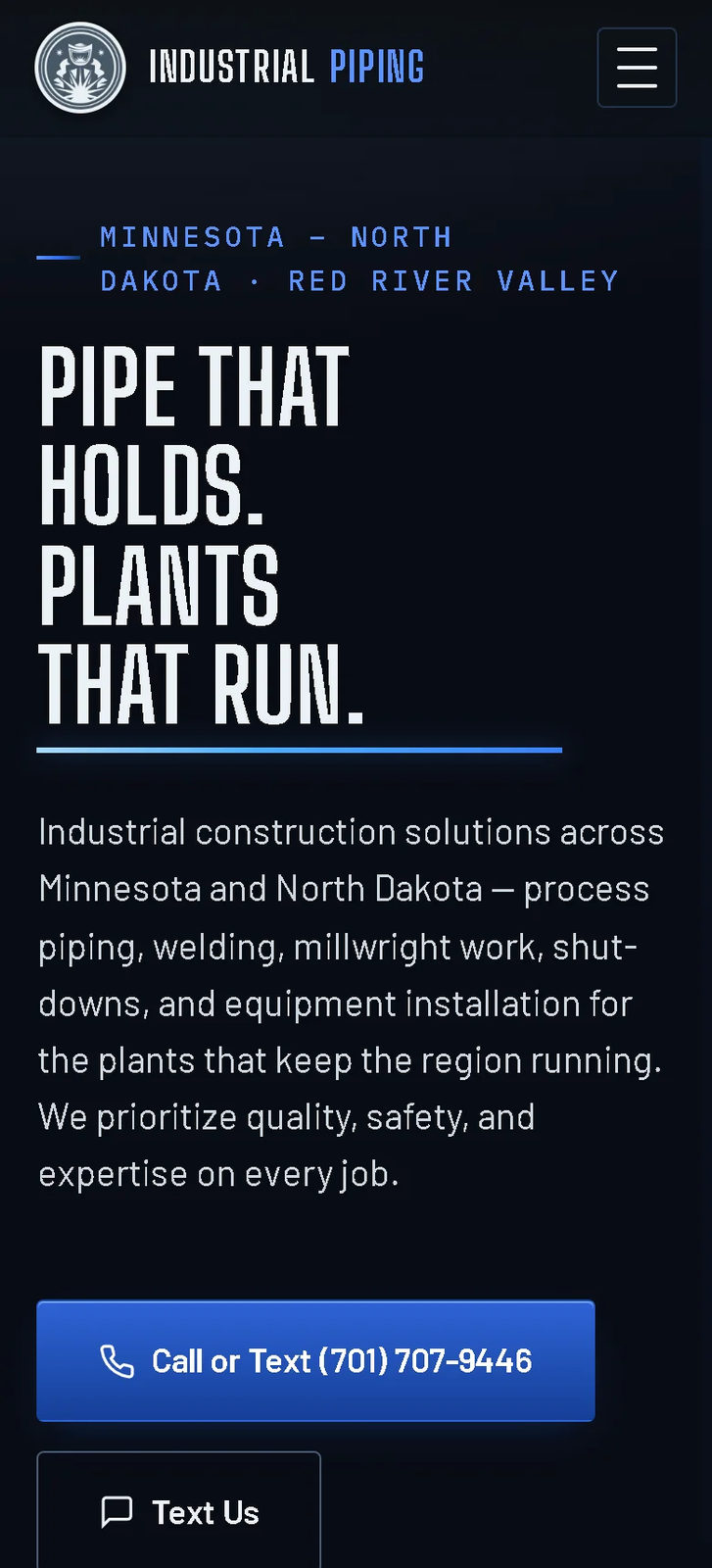 Industrial Piping 701 on a phone: the headline restacked at full width with a thumb-reach Call or Text button.