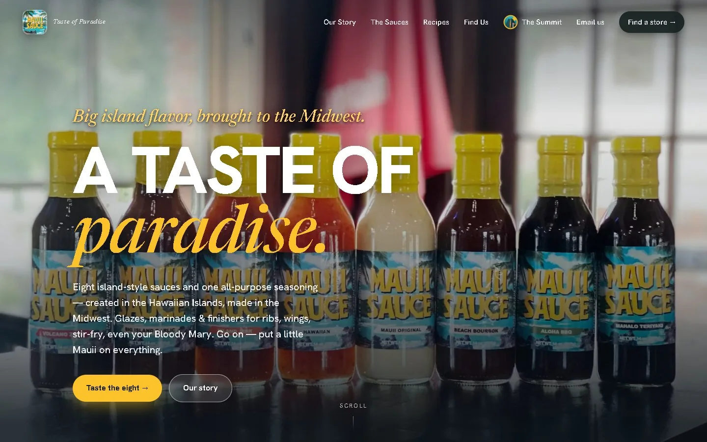 Mauii Sauces home page: the eight-bottle lineup as a full-bleed hero under a bold white headline with a gold italic-serif accent.
