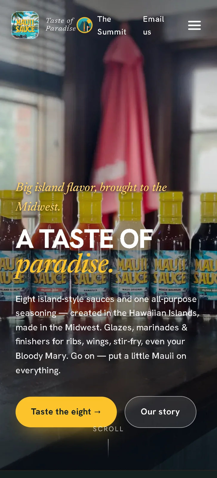 Mauii Sauces on a phone: the bottle lineup hero with a stacked headline and paired yellow and outline buttons.