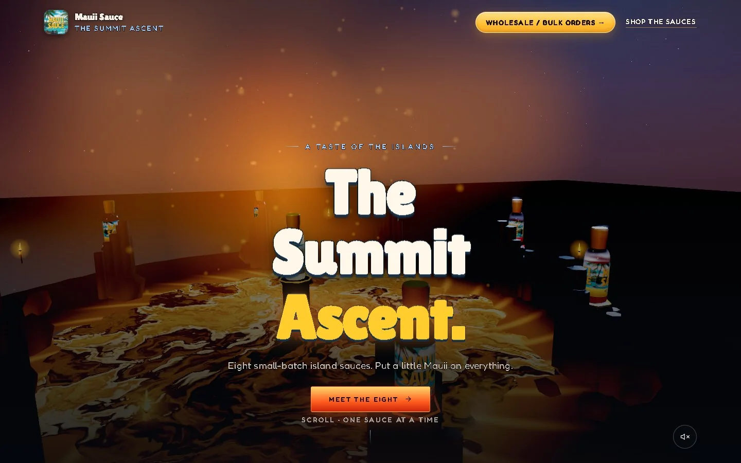 The Summit Ascent landing page: a 3D scene with sauce bottles on pedestals around a molten-gold floor, under a chunky display headline reading The Summit Ascent.